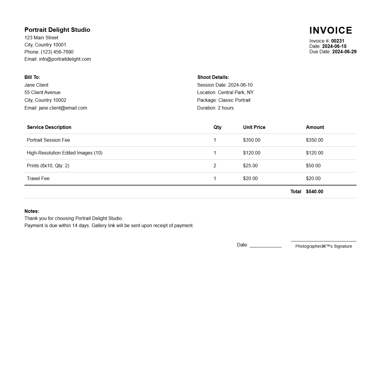 Portrait Photography Invoice Layout