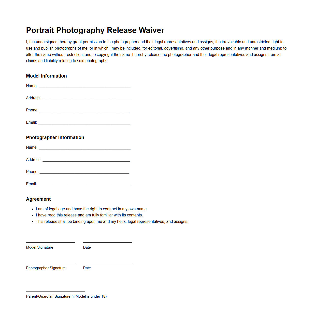 Portrait Photography Release Waiver Template