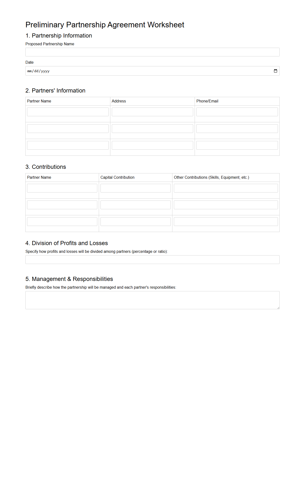 Preliminary Partnership Agreement Worksheet