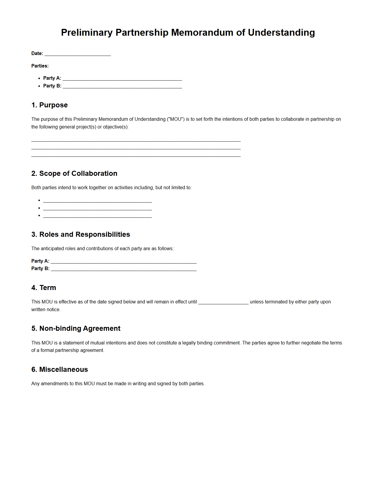 Preliminary Partnership Memorandum of Understanding Format