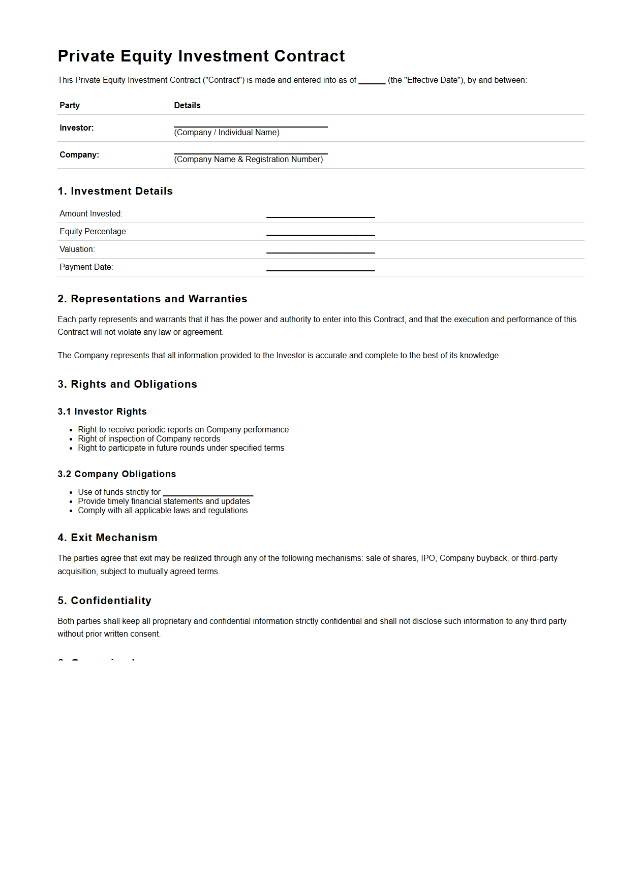 Private Equity Investment Contract Format