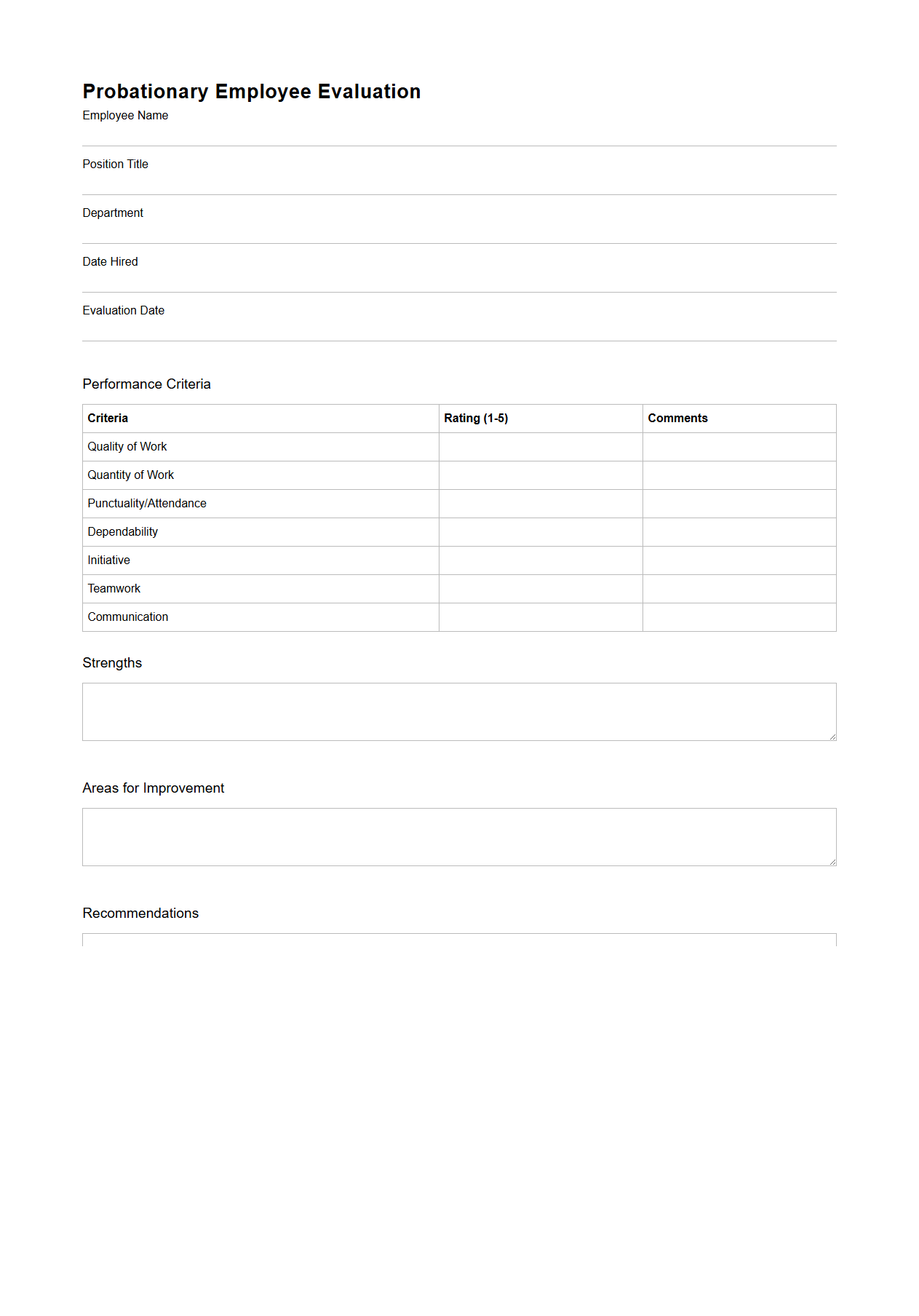 Probationary Employee Evaluation Blank Template