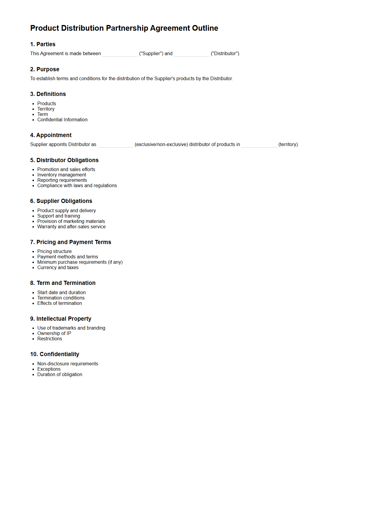 Product Distribution Partnership Agreement Outline