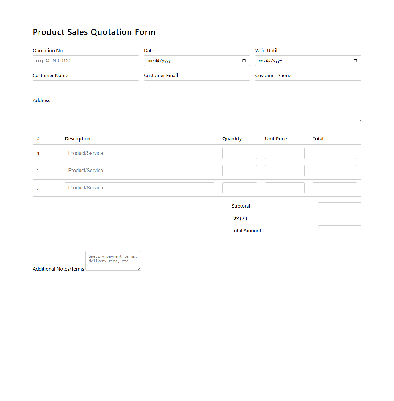 Product Sales Quotation Form Template