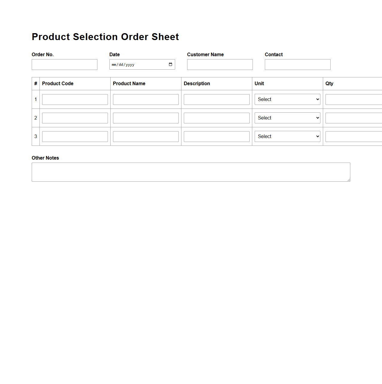 Product Selection Order Sheet