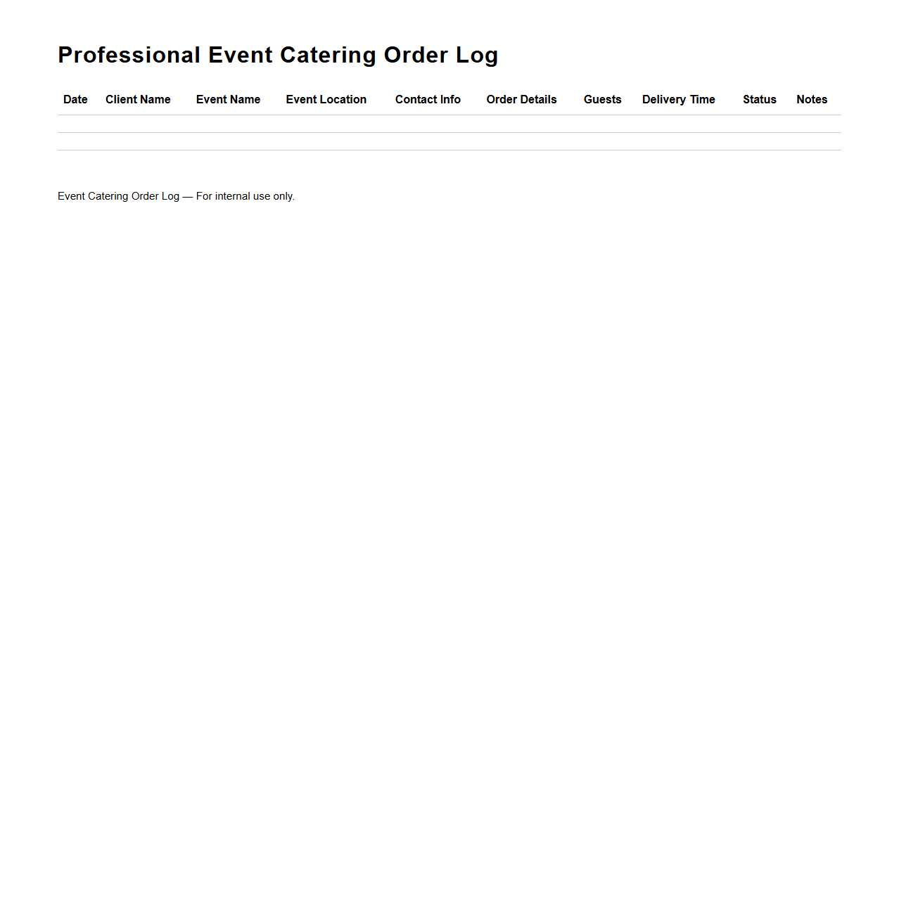 Professional Event Catering Order Log