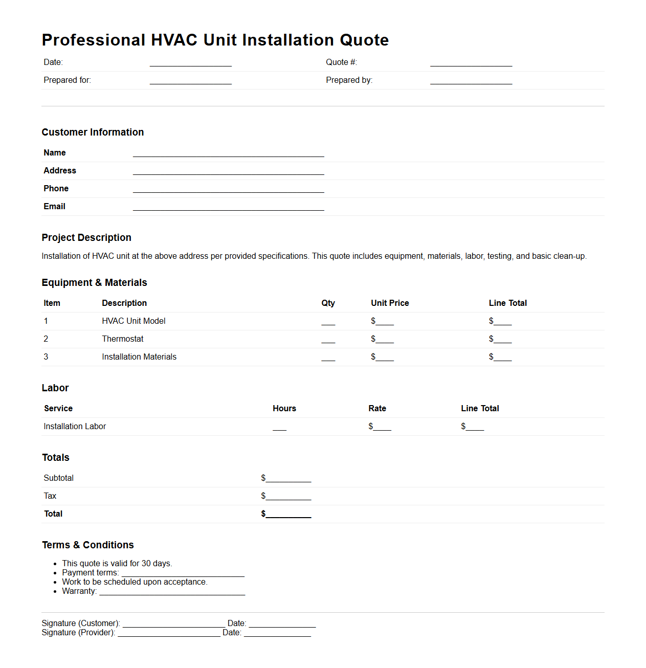 Professional HVAC Unit Installation Quote