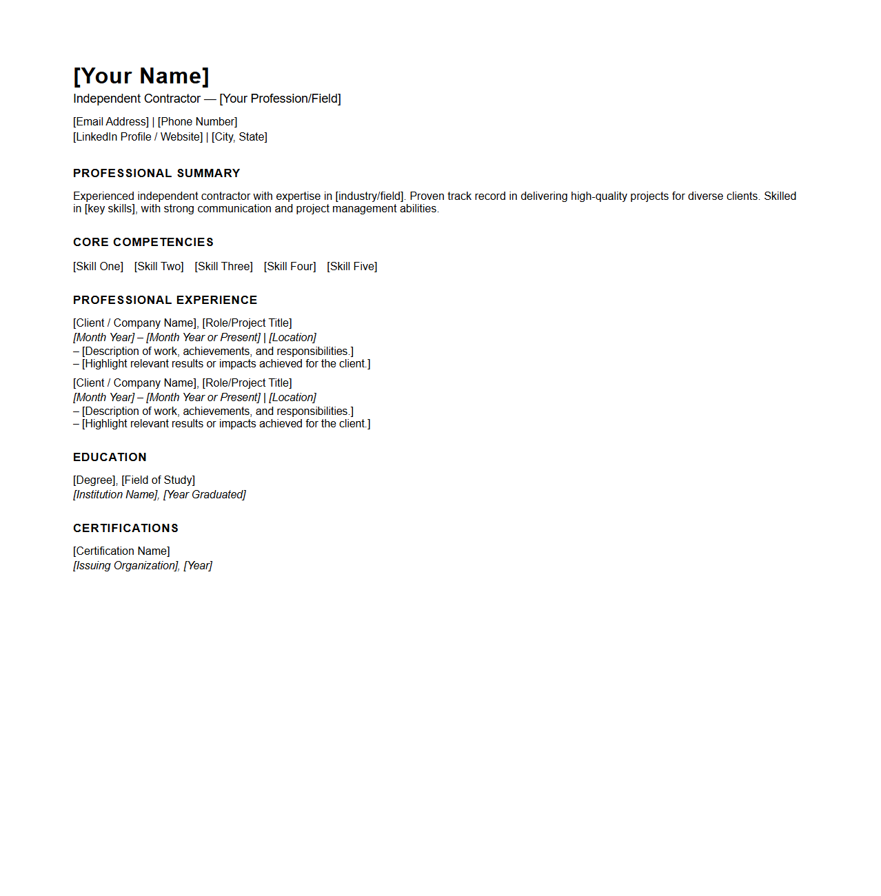 Professional Independent Contractor Resume Template
