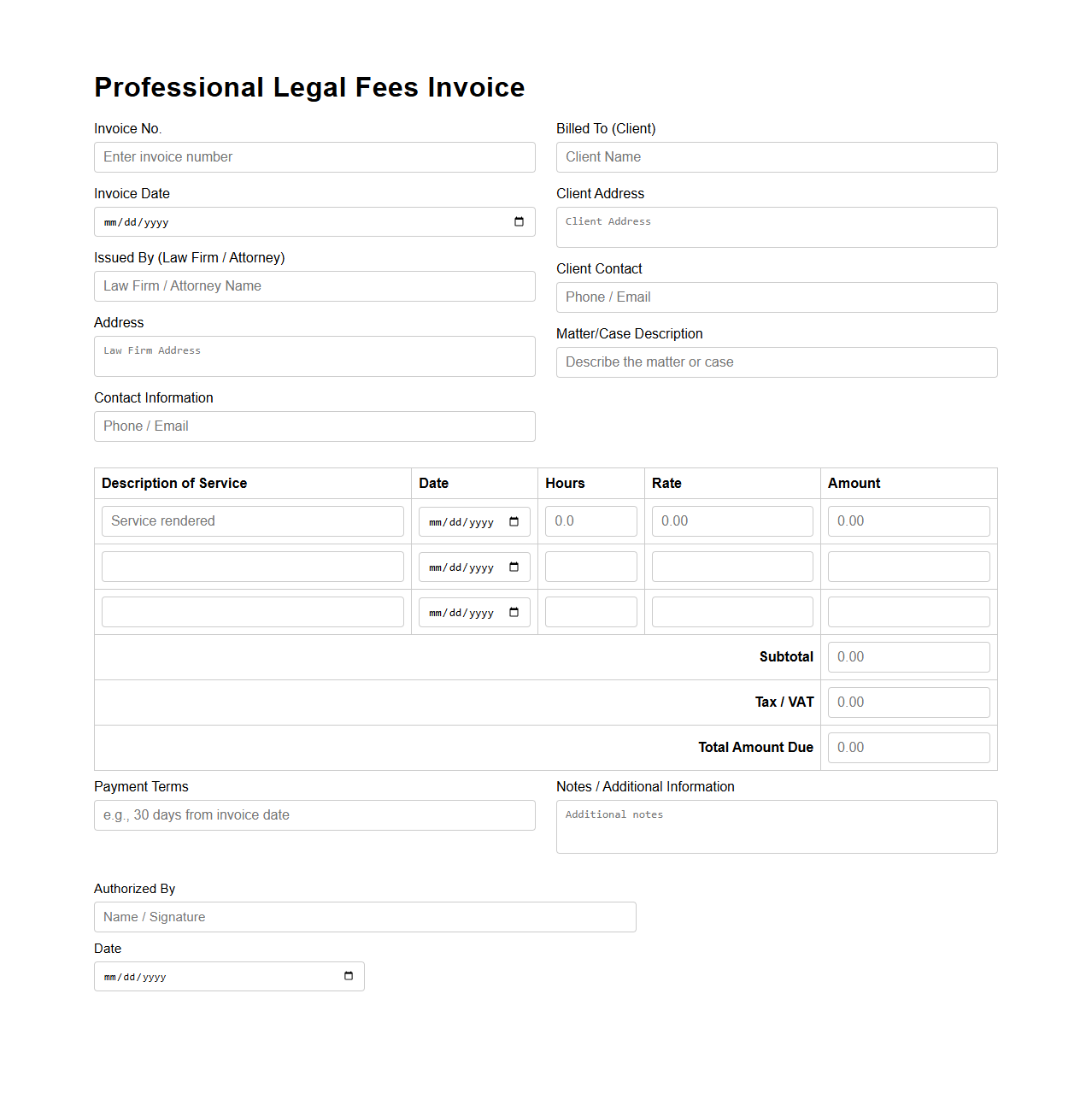 Professional Legal Fees Invoice Form