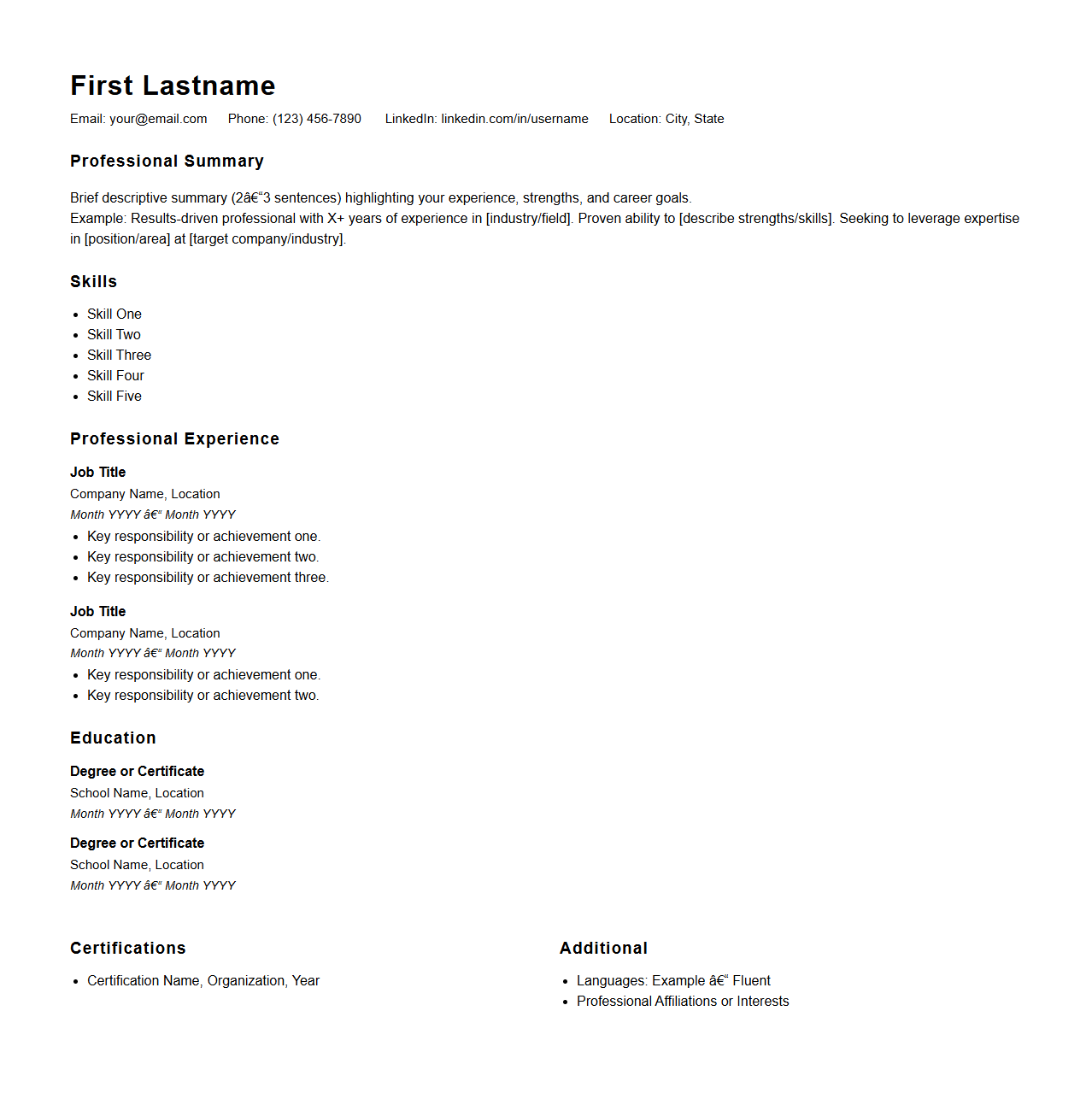 Professional One-Page Resume Outline for Instant Applications
