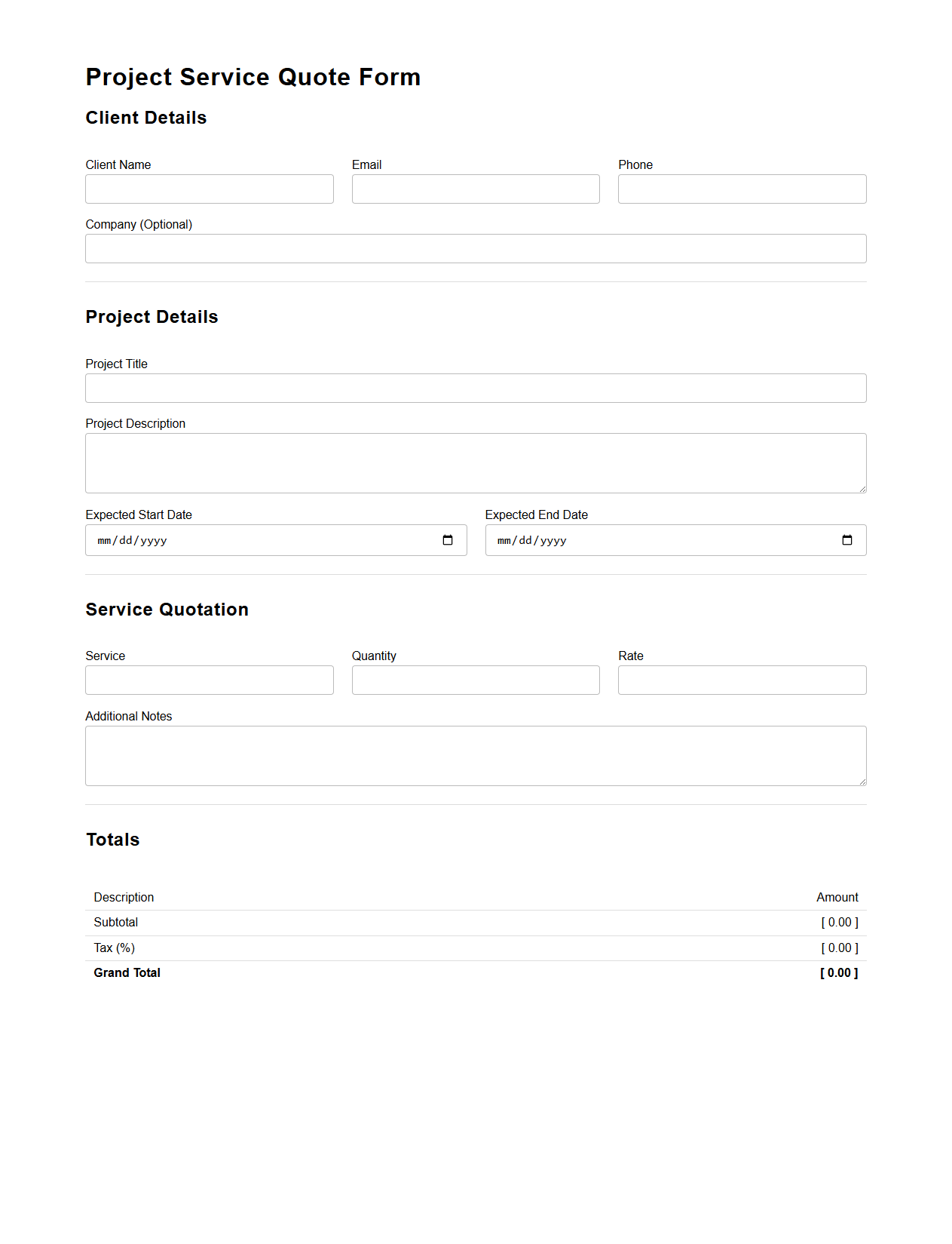 Professional Project Service Quote Form