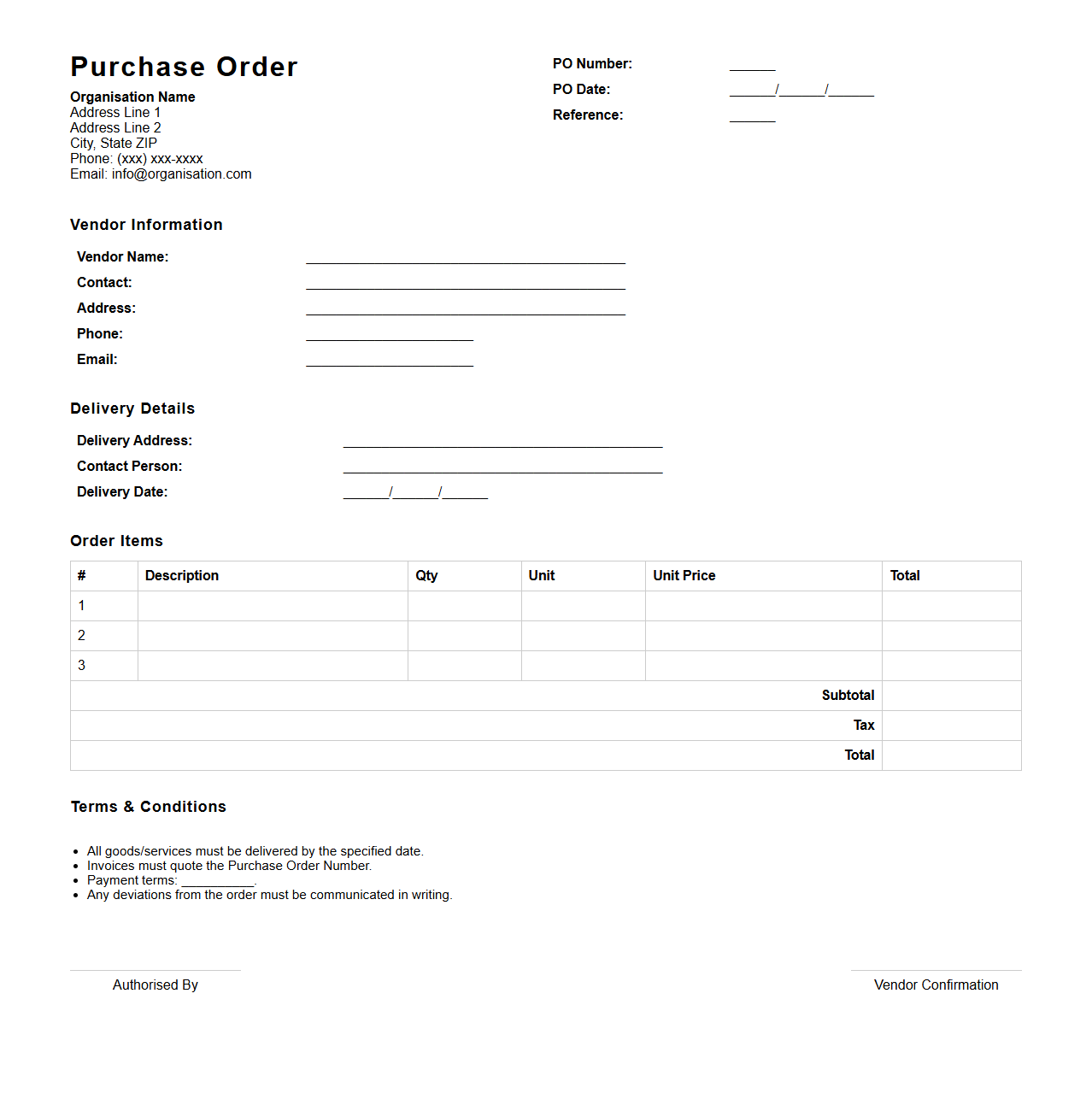 Professional Purchase Order Slip for Organisation
