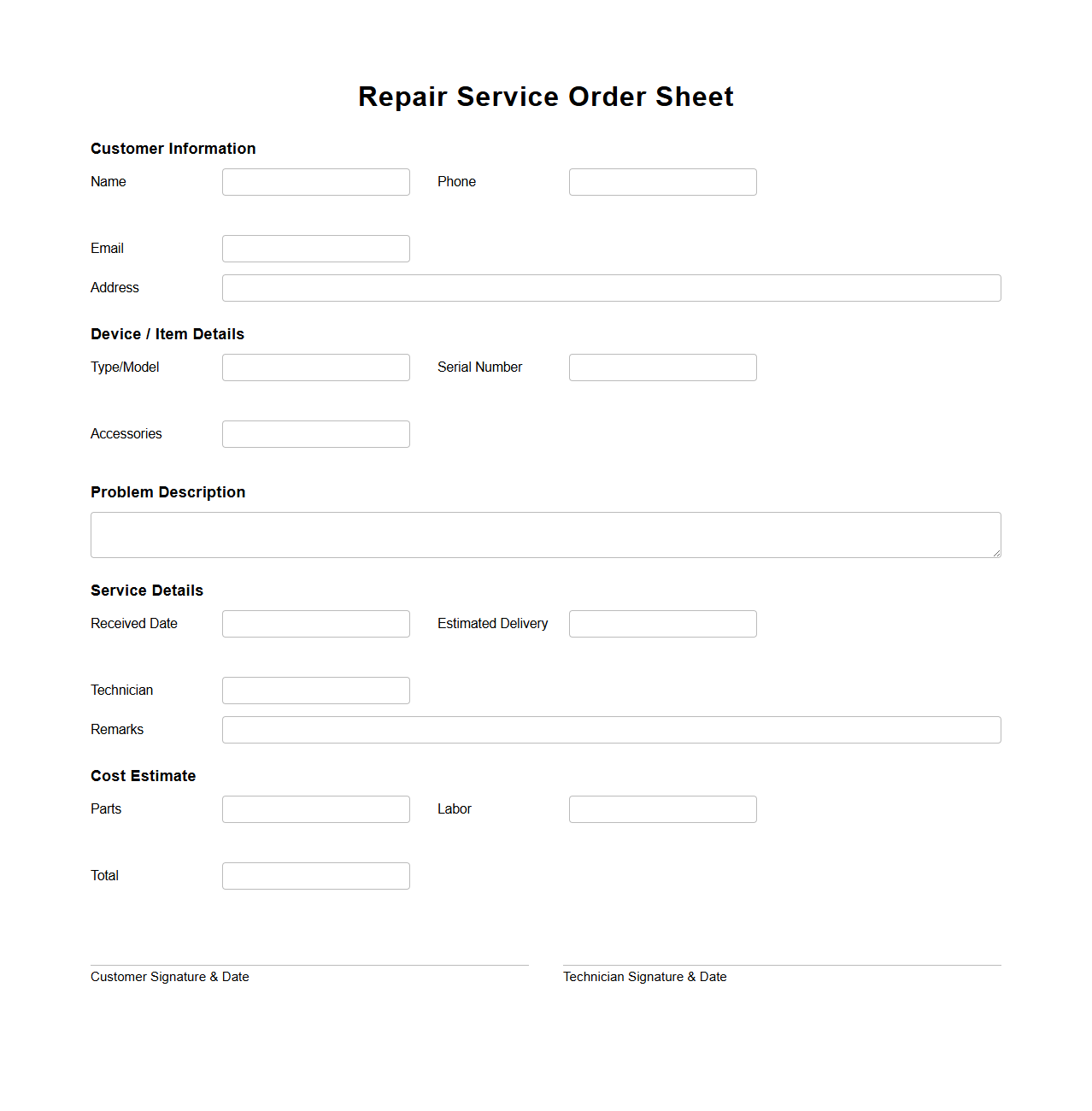 Professional Repair Service Order Sheet