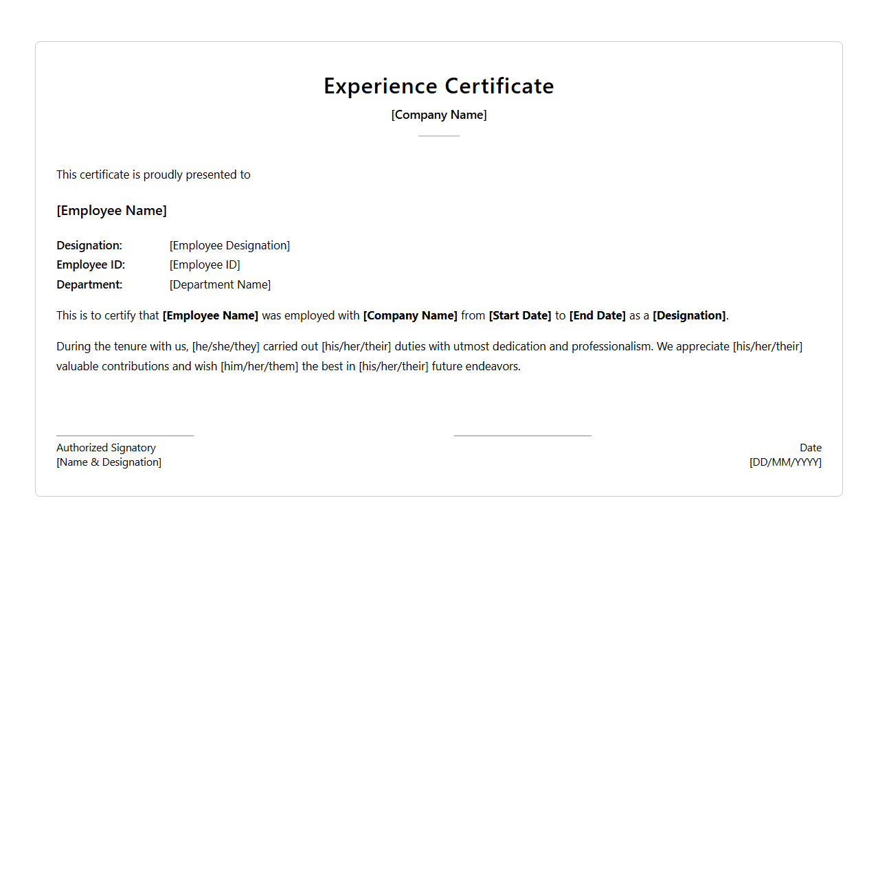 Professional Service Experience Certificate Template