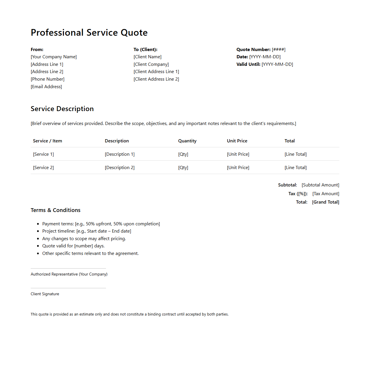 Professional Service Quote Template for Client Contracts