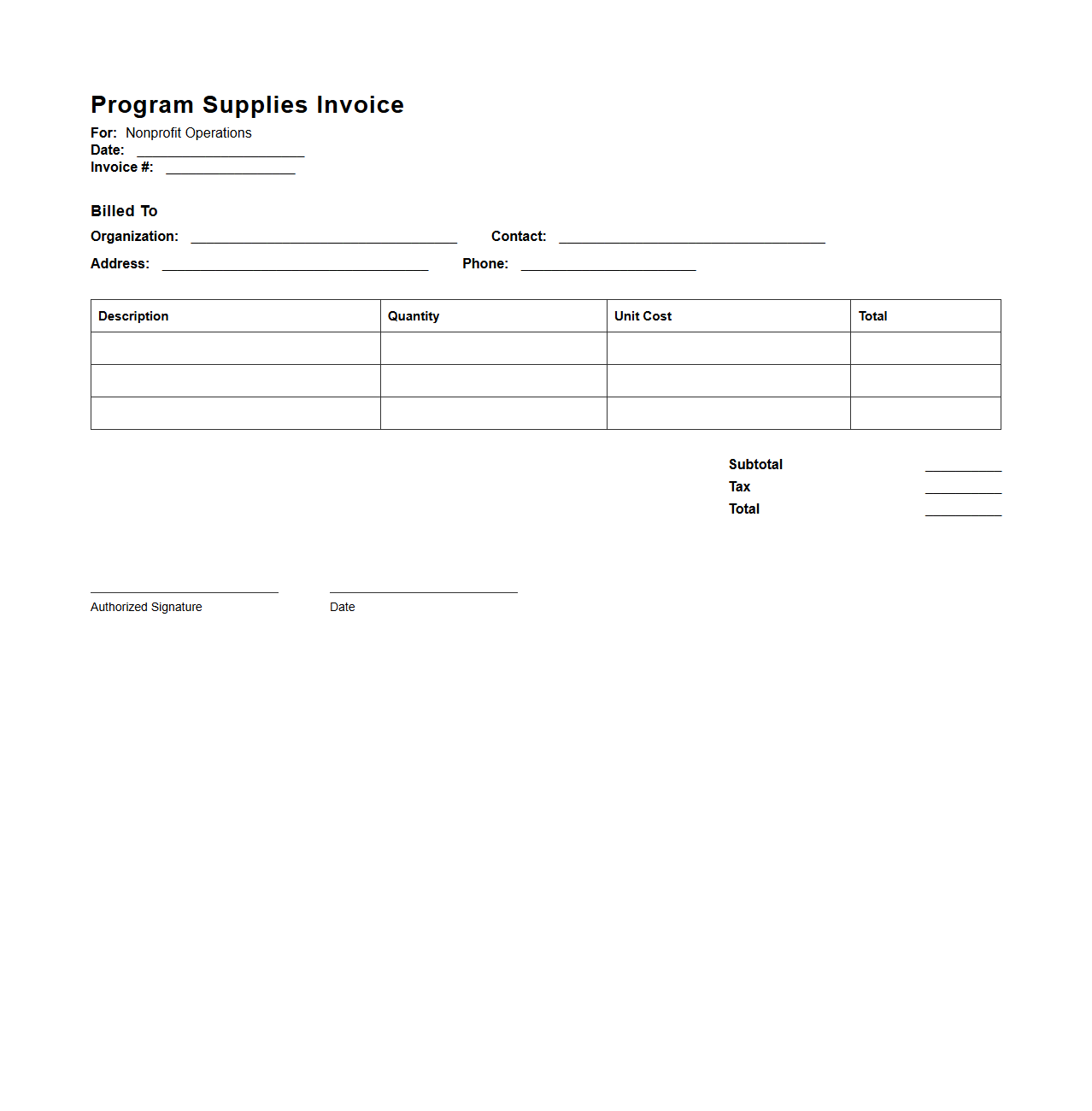Program Supplies Invoice for Nonprofit Operations