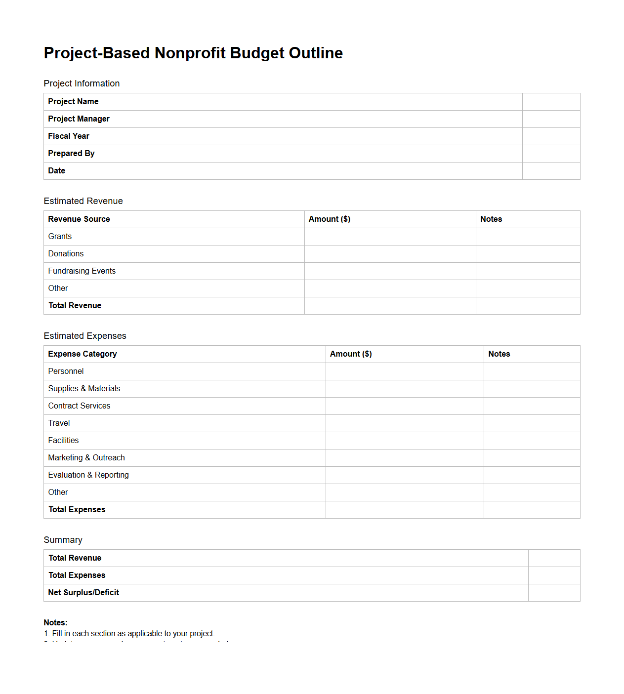 Project-Based Nonprofit Budget Outline