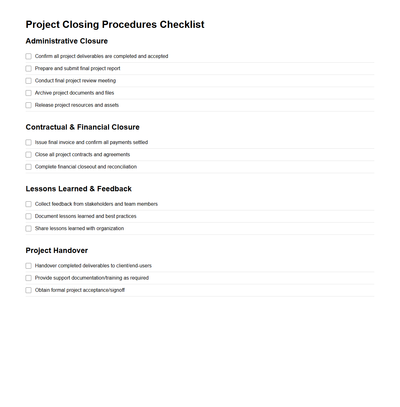 Project Closing Procedures Checklist