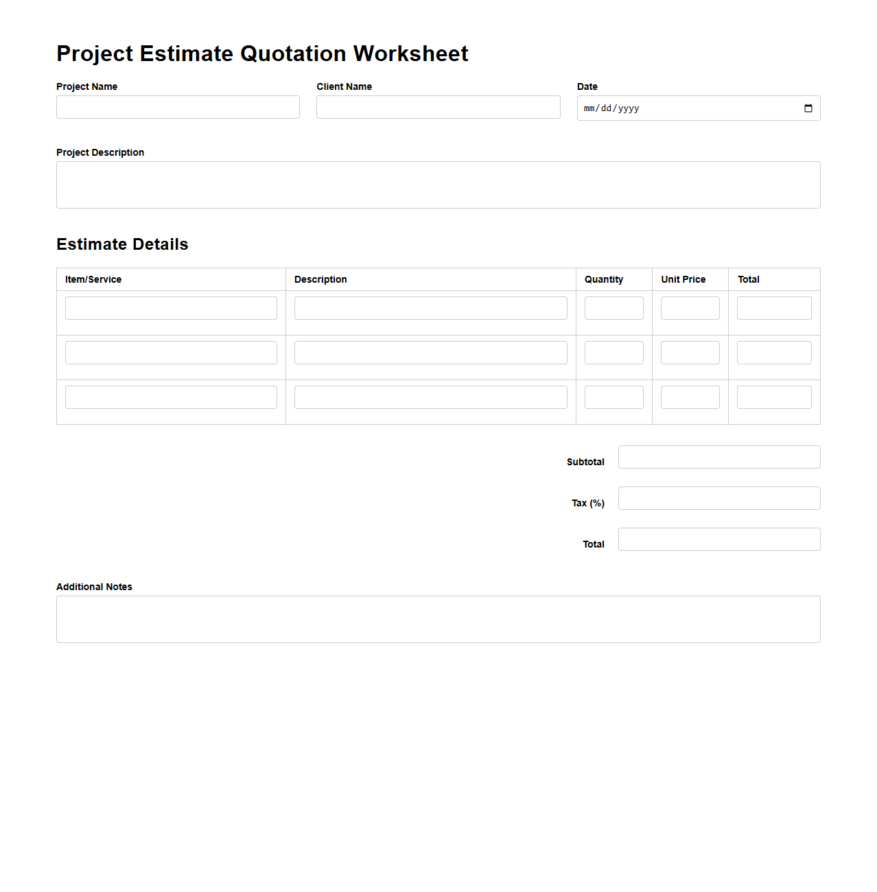 Project Estimate Quotation Worksheet