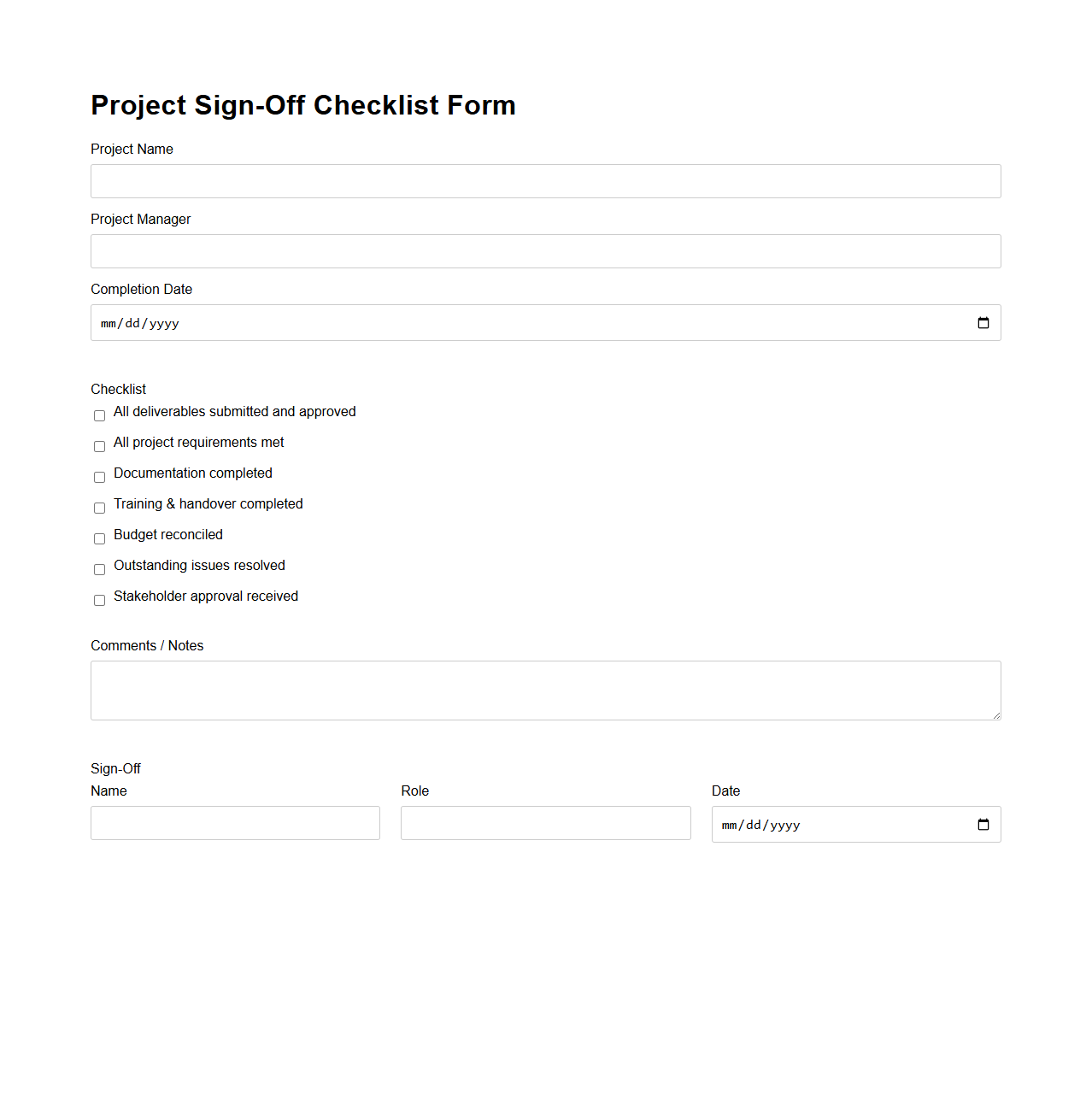 Project Sign-Off Checklist Form