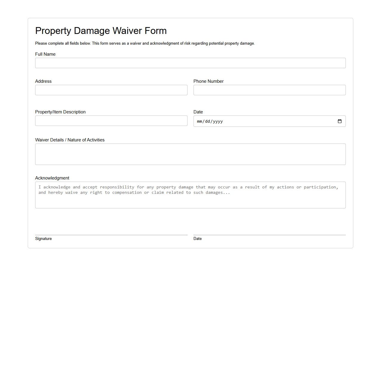 Property Damage Waiver Form Template