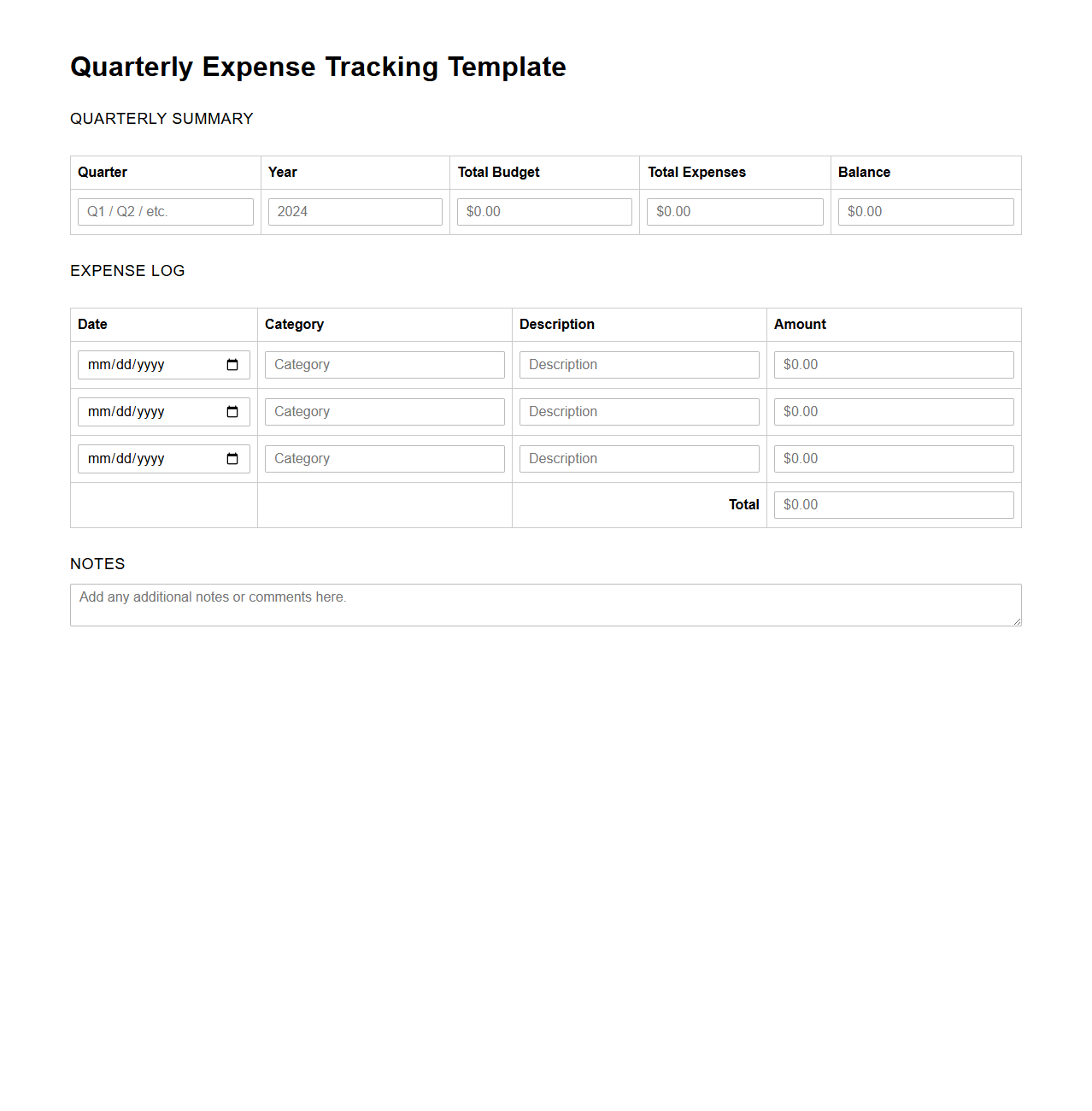 Quarterly Expense Tracking Template