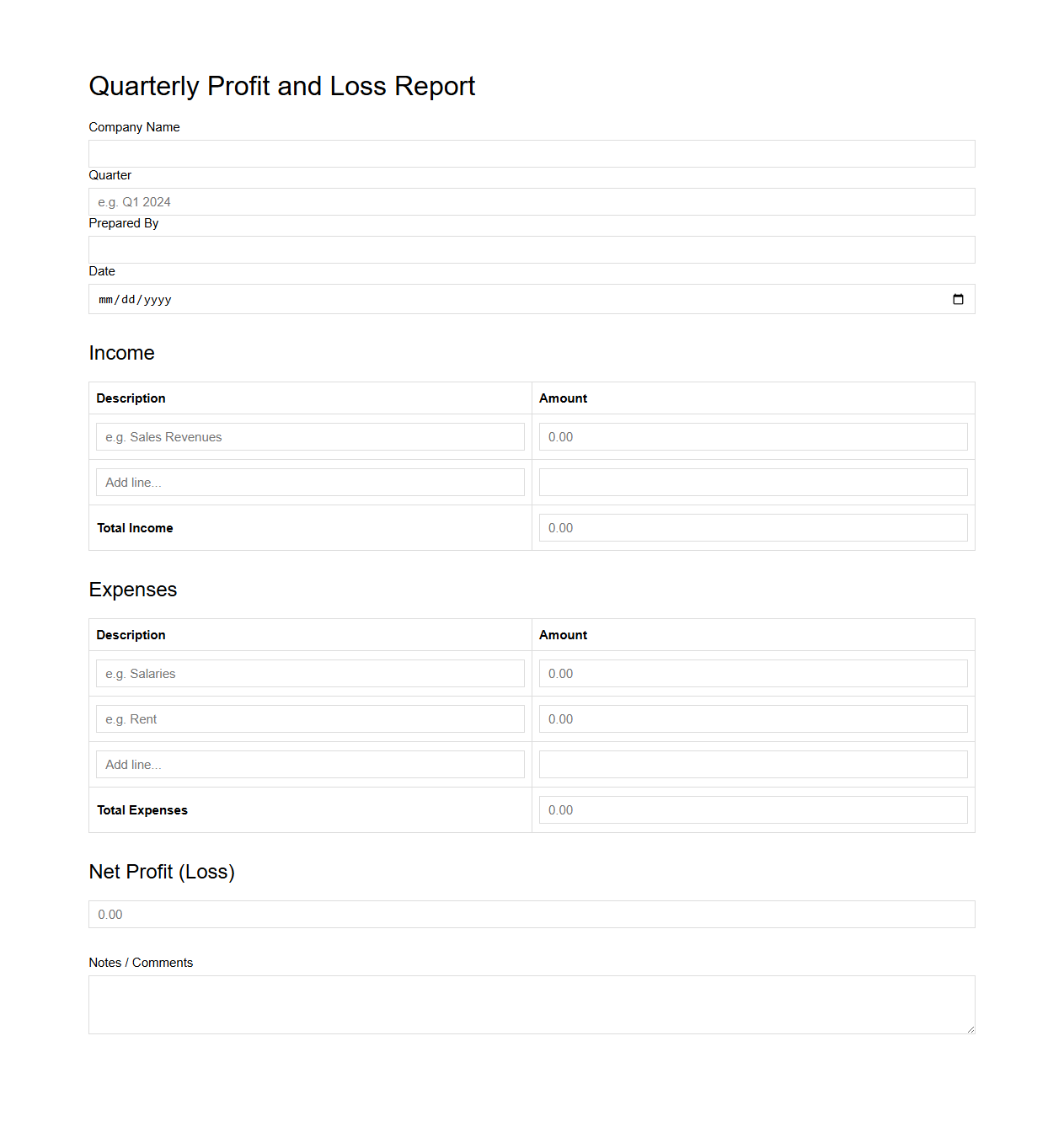 Quarterly Profit and Loss Report Form