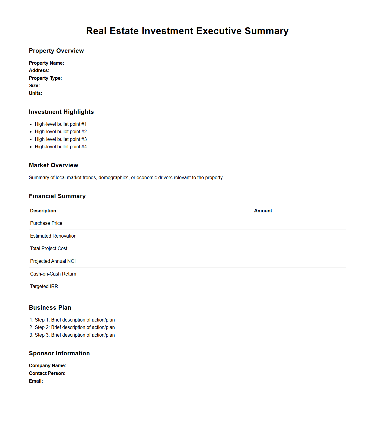 Real Estate Investment Executive Summary Template