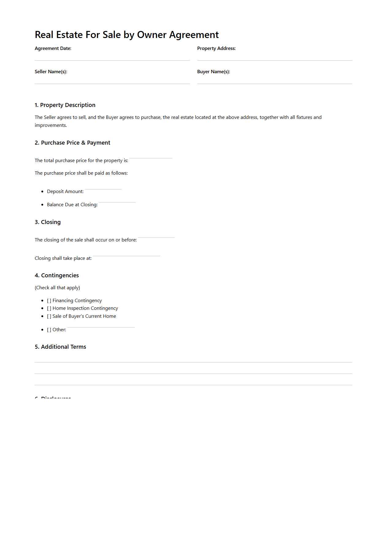 Real Estate For Sale by Owner Agreement Template