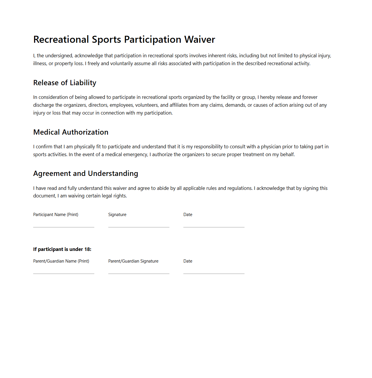 Recreational Sports Participation Waiver