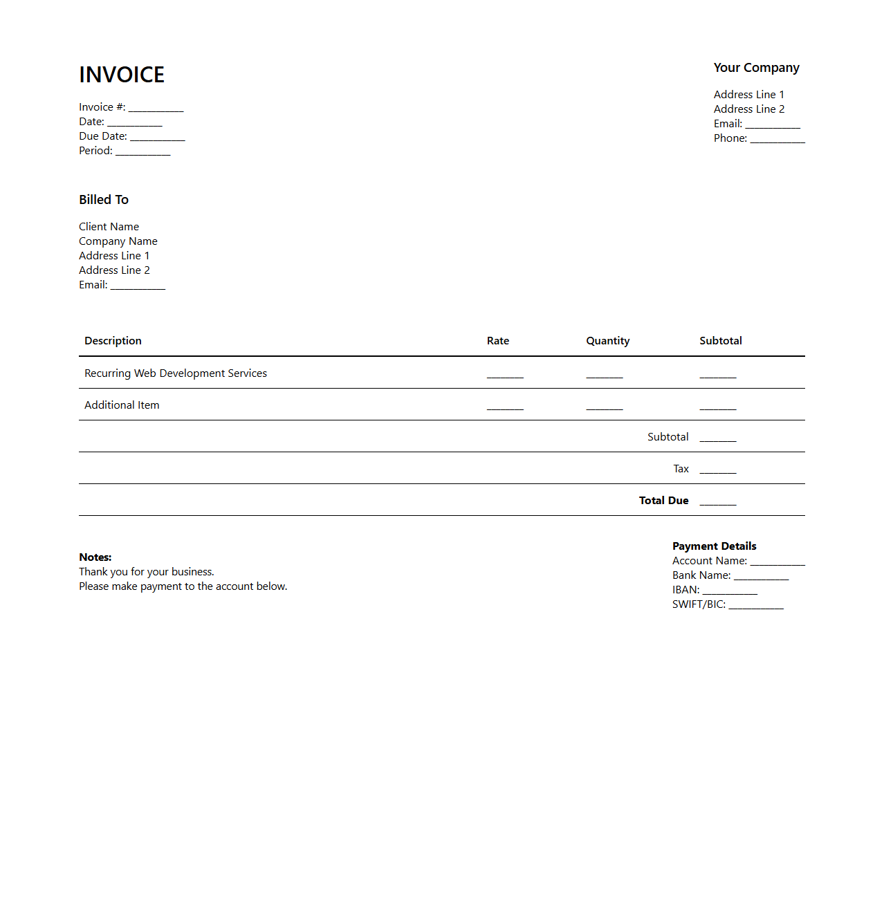 Recurring Web Development Billing Invoice