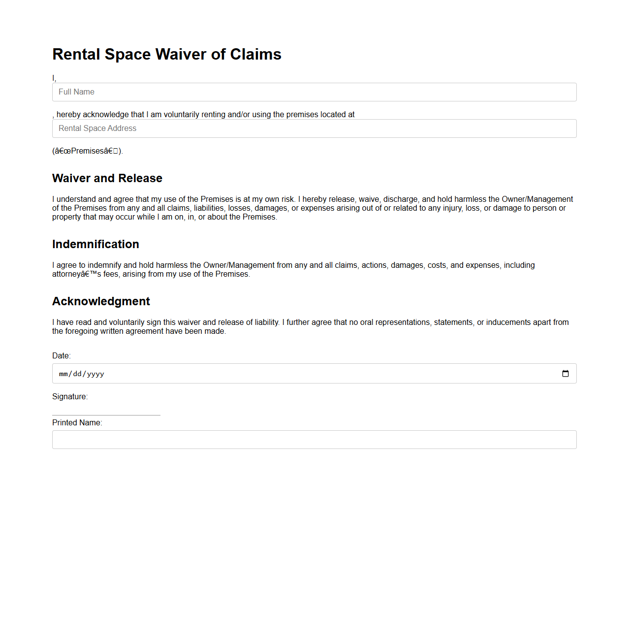 Rental Space Waiver of Claims Document