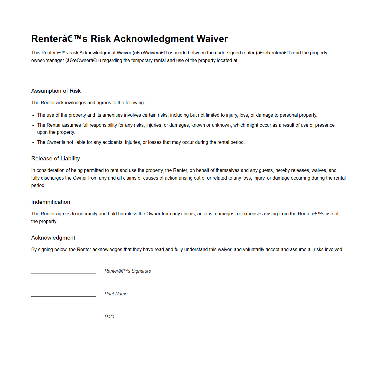 Renter’s Risk Acknowledgment Waiver