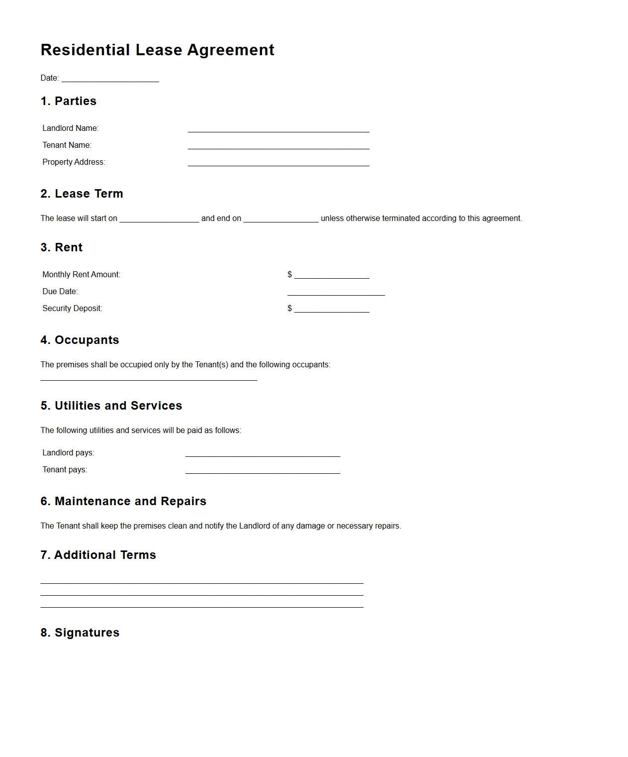 Residential Lease Agreement Template for Property Owners