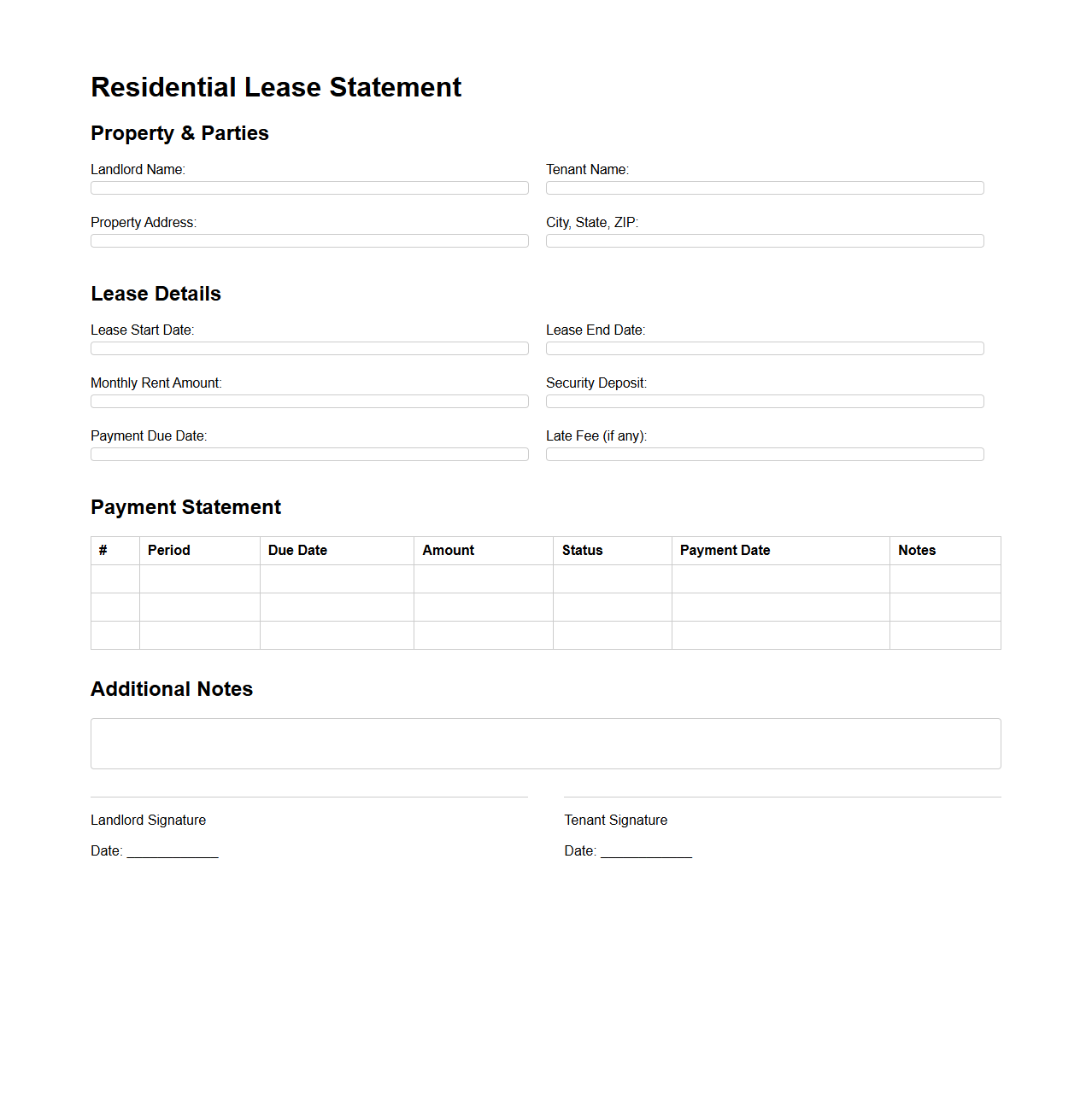 Residential Lease Statement Blank Format