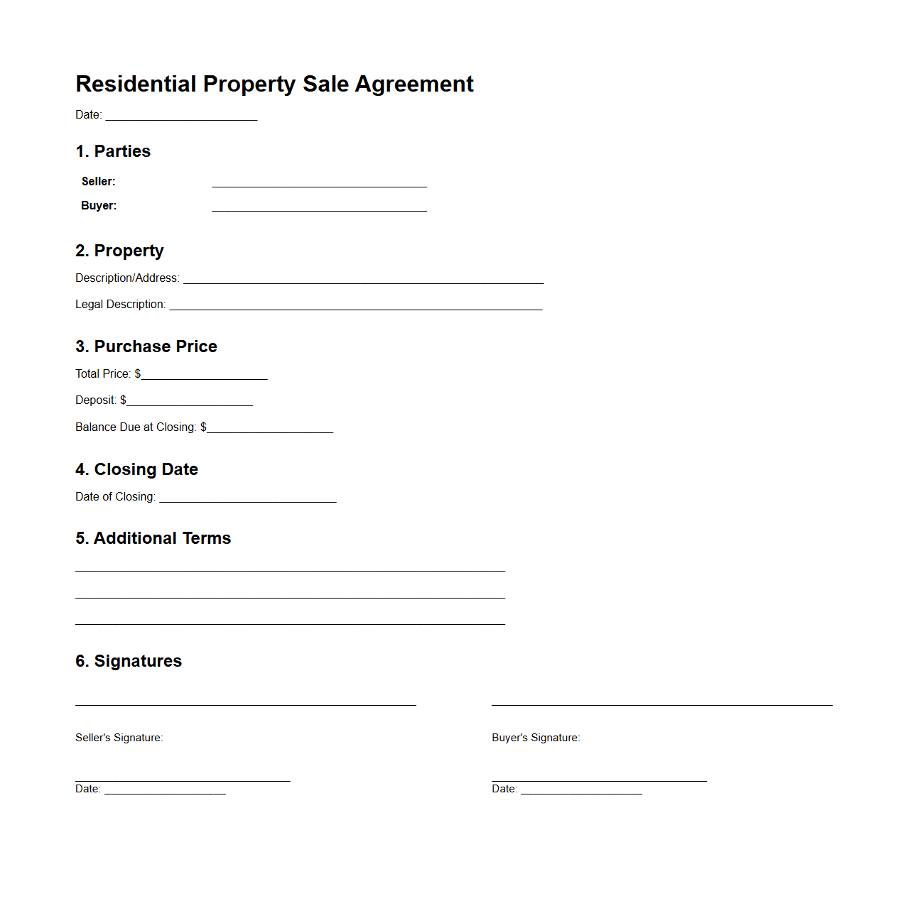 Residential Property Sale Agreement Template