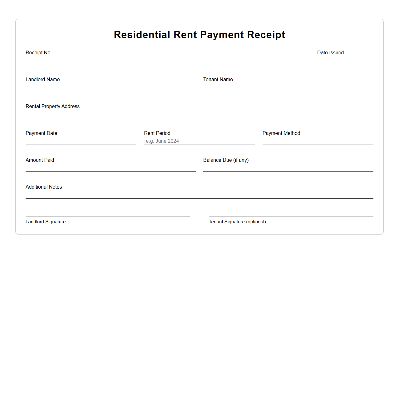 Residential Rent Payment Receipt for Landlords