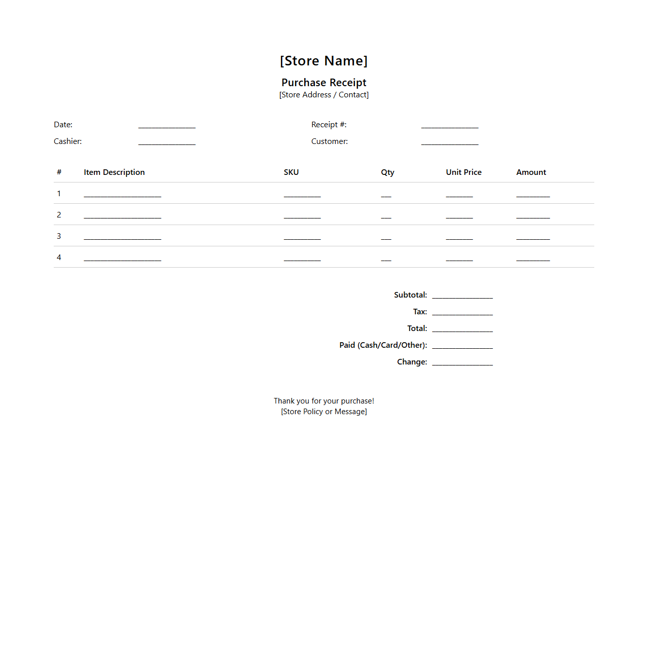 Retail Store Goods Purchase Receipt Template