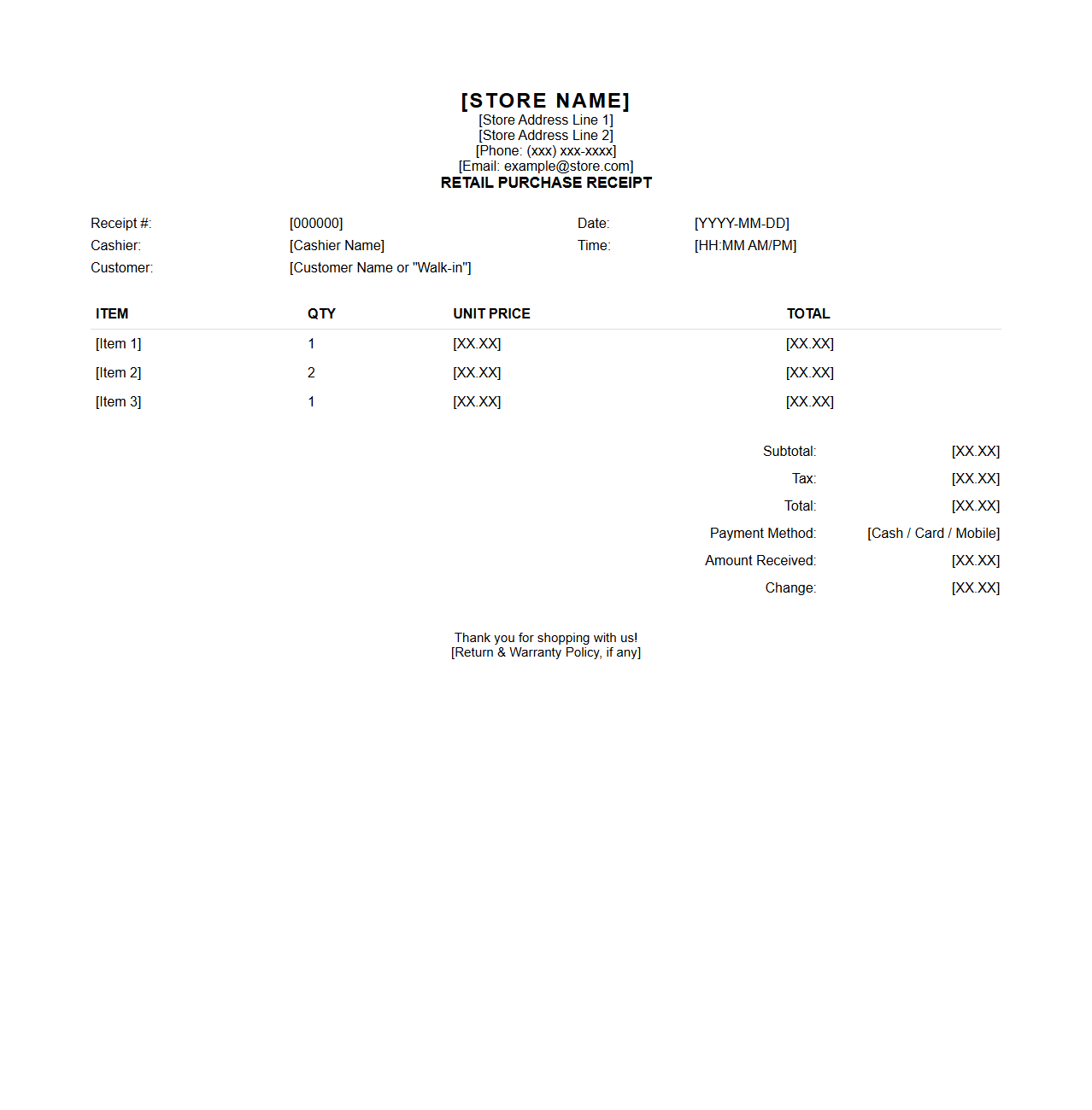 Retail Store Purchase Receipt Template