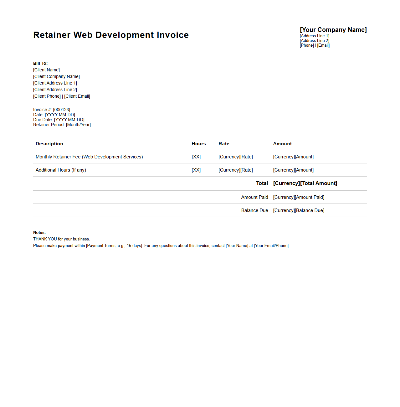 Retainer Web Development Invoice Sample