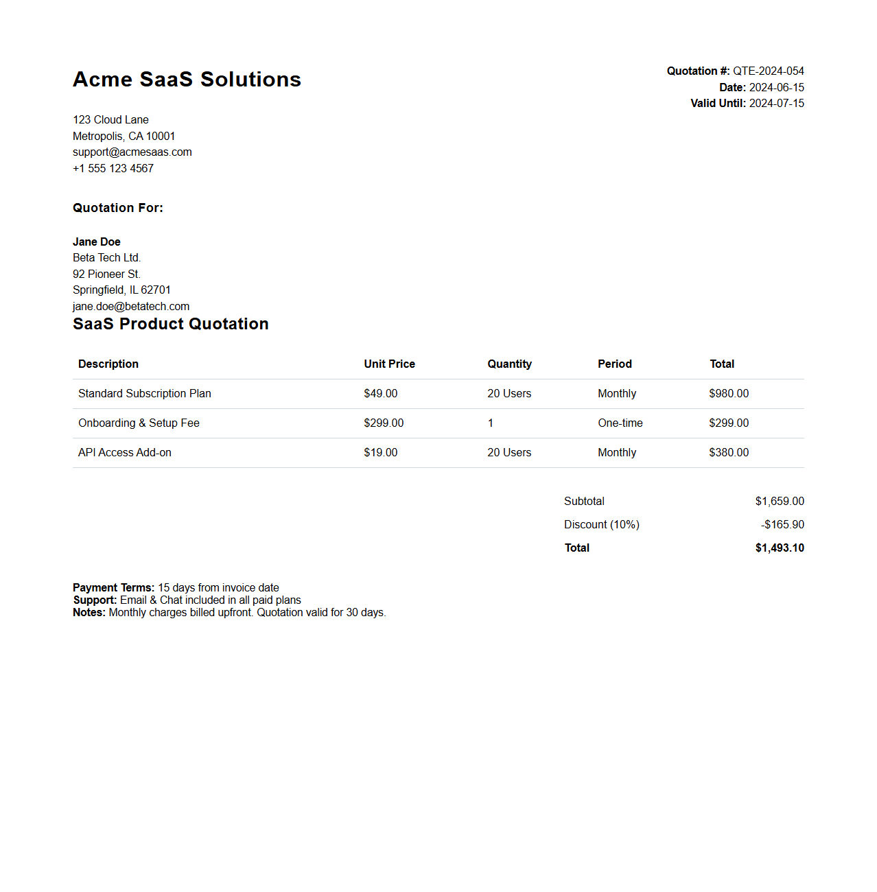 SaaS Product Quotation Example