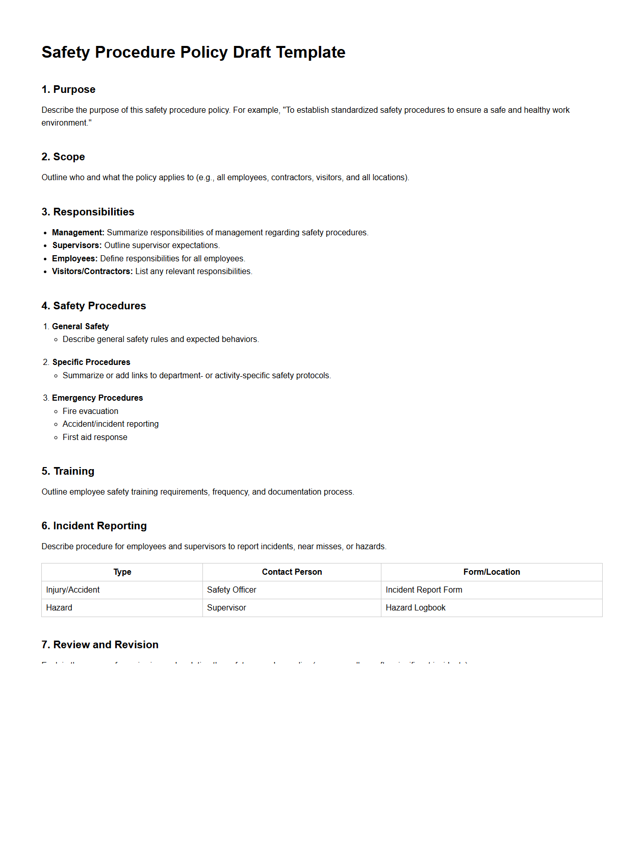 Safety Procedure Policy Draft Template