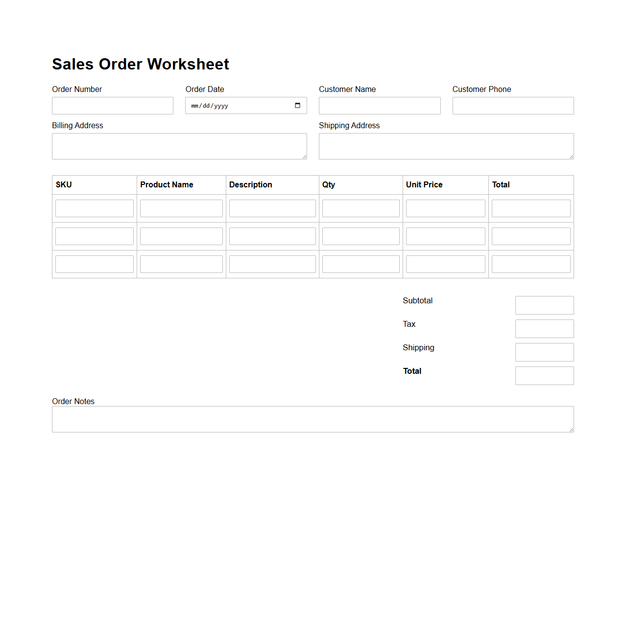 Sales Order Worksheet for Inventory Products