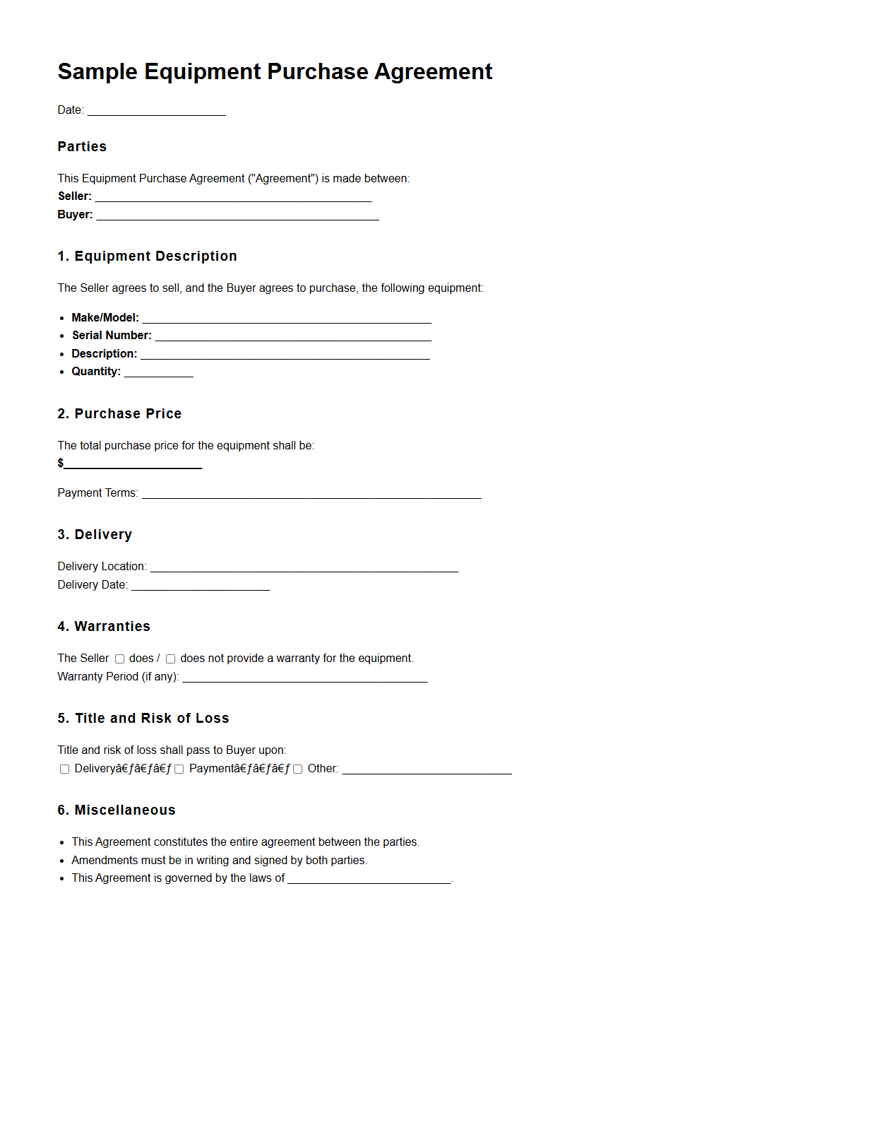 Sample Equipment Purchase Agreement Format