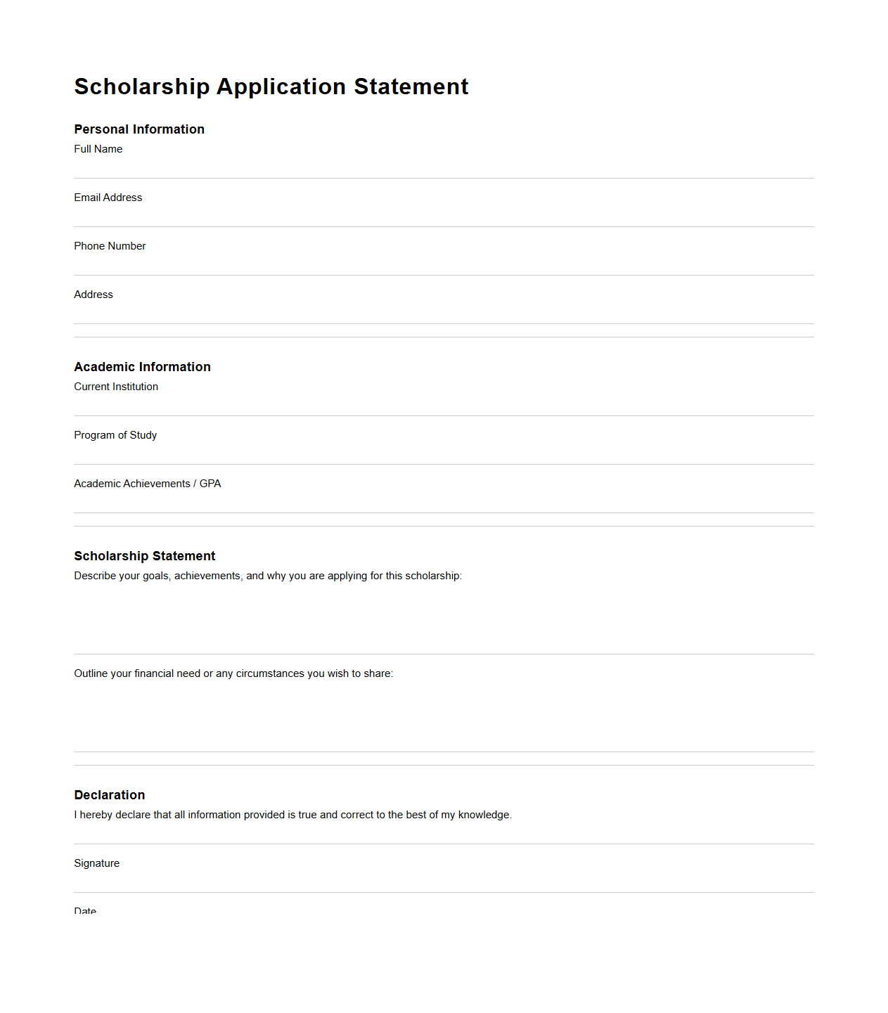 Scholarship Application Statement Format