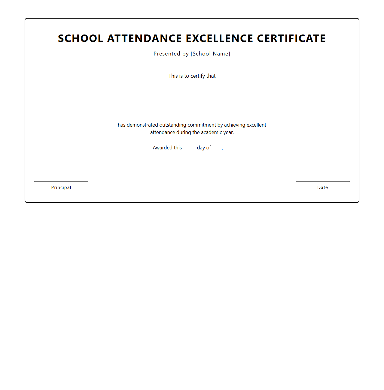 School Attendance Excellence Certificate Layout