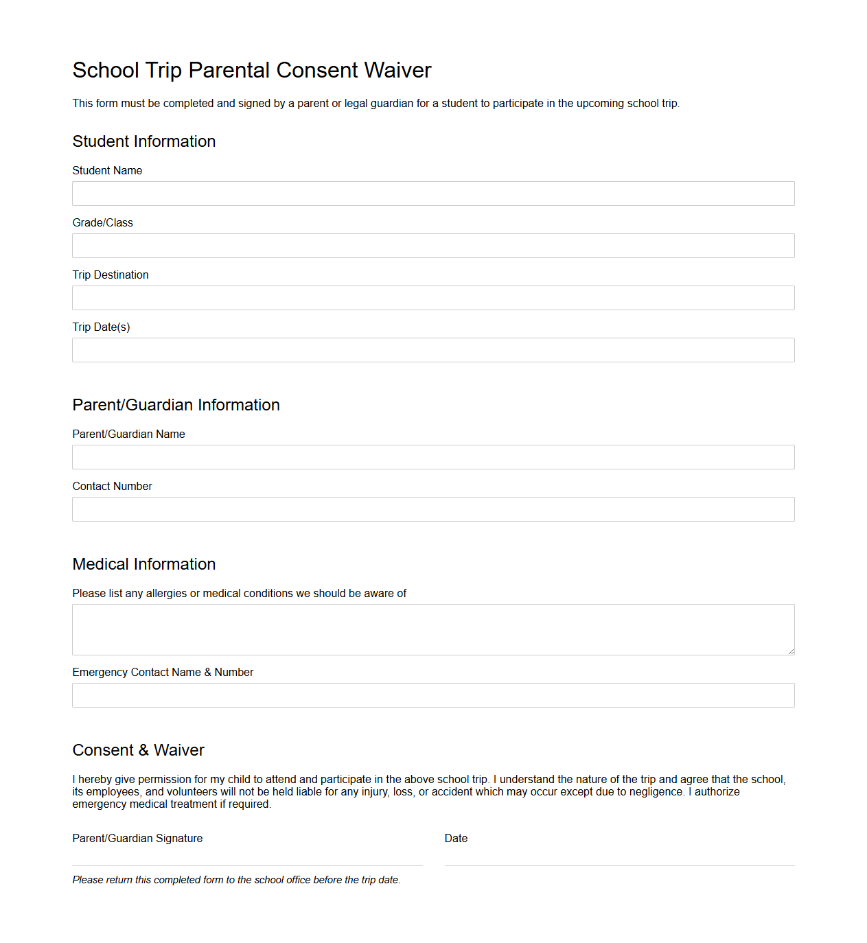 School Trip Parental Consent Waiver