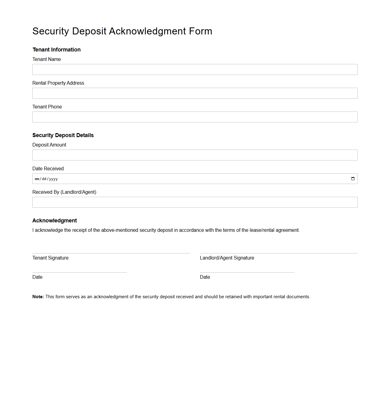 Security Deposit Acknowledgment Form