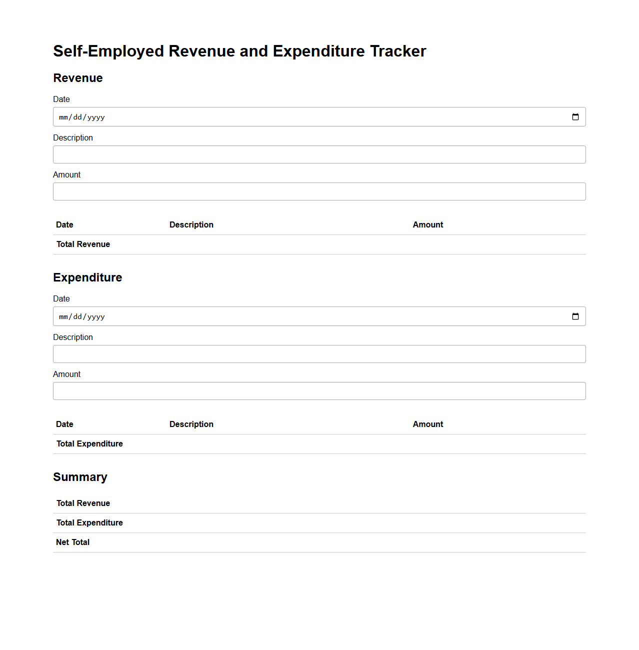 Self-Employed Revenue and Expenditure Tracker