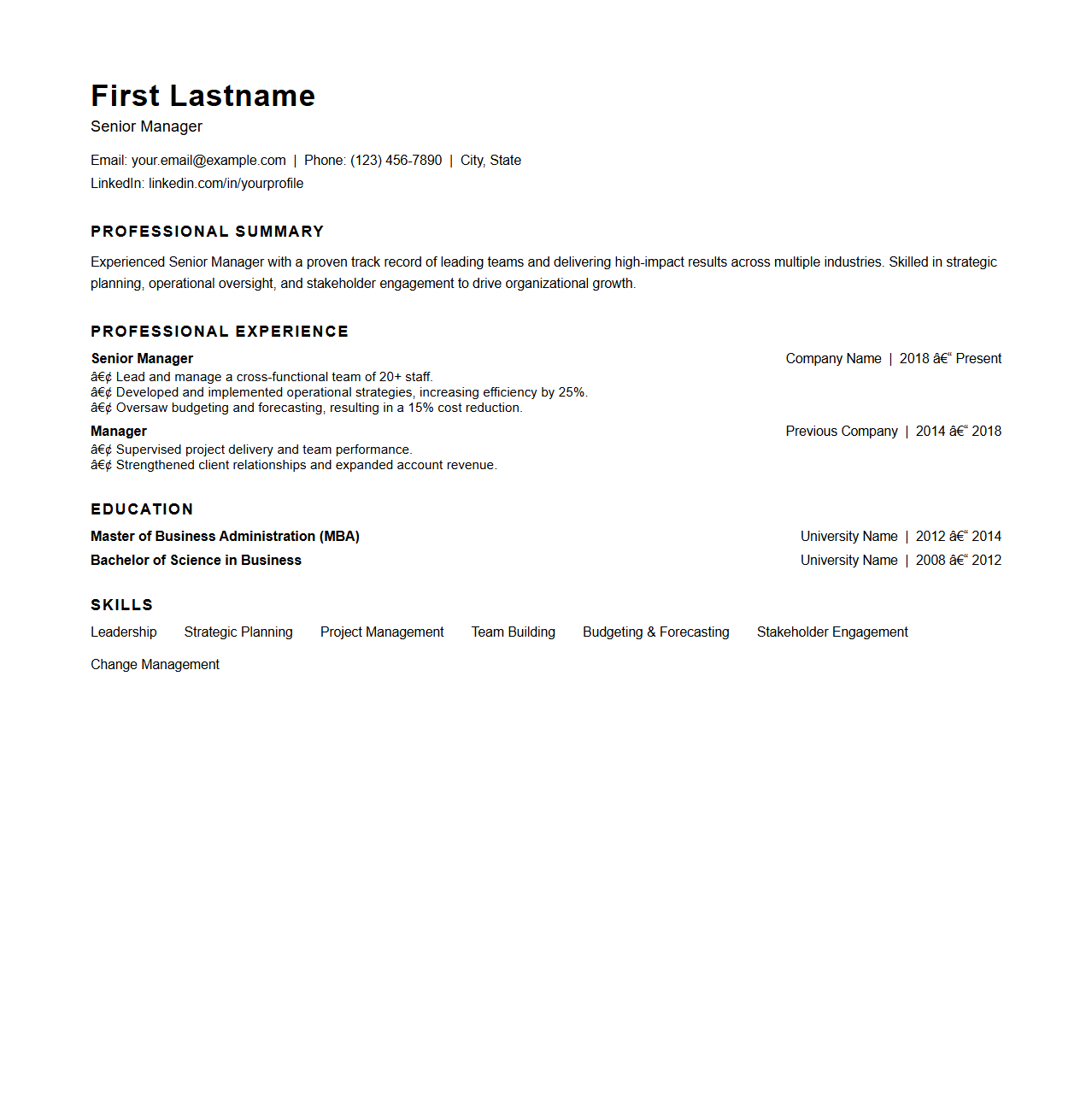 Senior Manager Resume Template